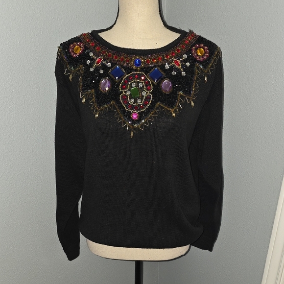 Victoria Harbour Sweaters - Black Jeweled Crewneck Sweater with Ornate Embellishment